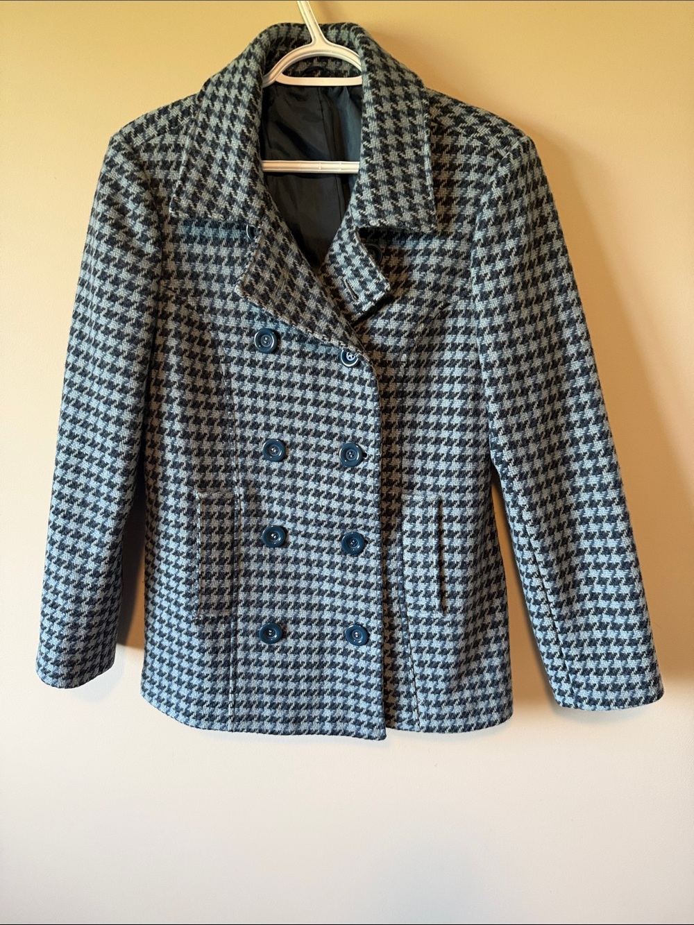 Reitmans Double Breasted Houndstooth Wool Blend Pea Coat Jacket Blue Vtg Size 9